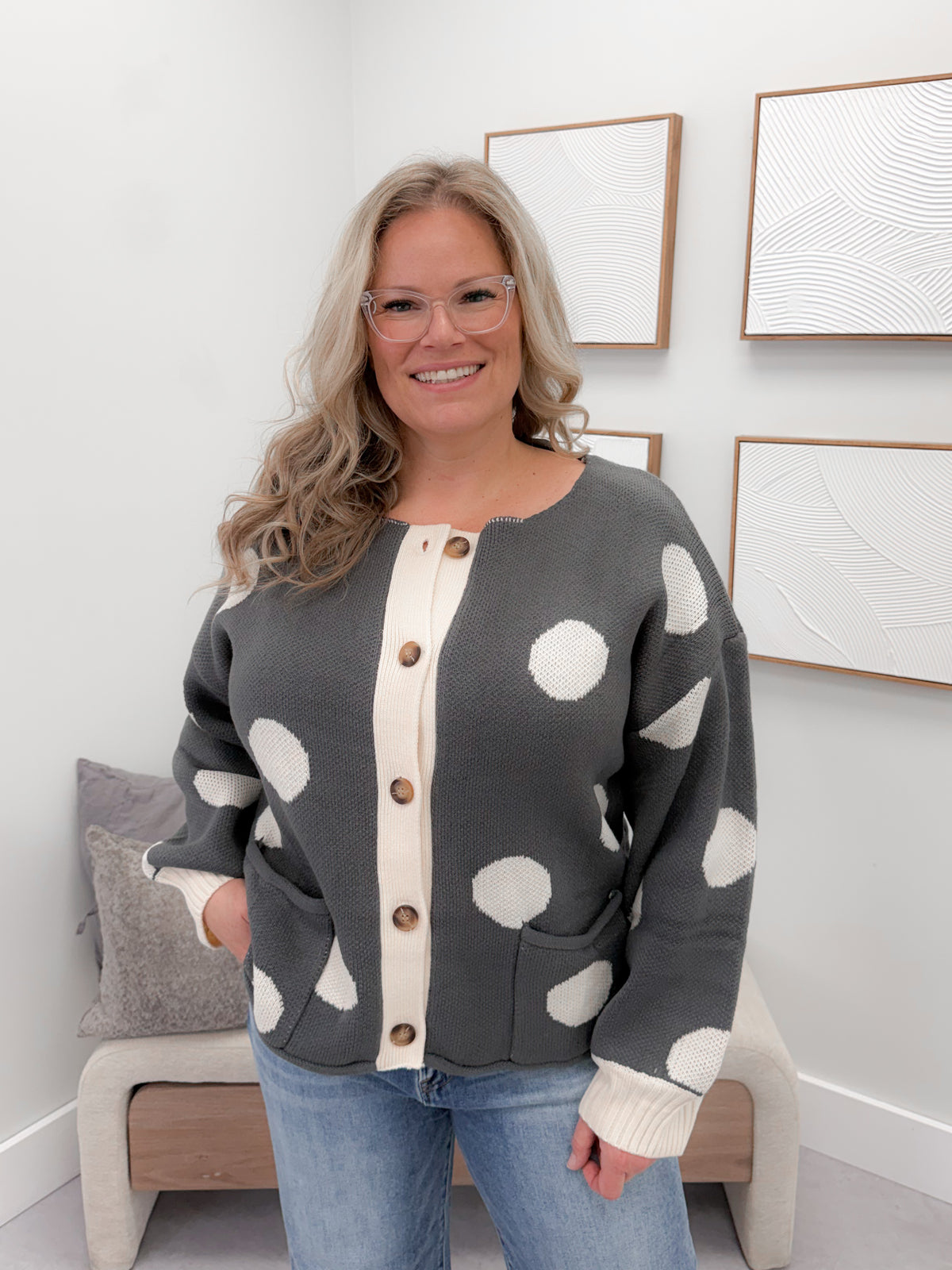 Jodi Cardigan in Grey Polka Dot