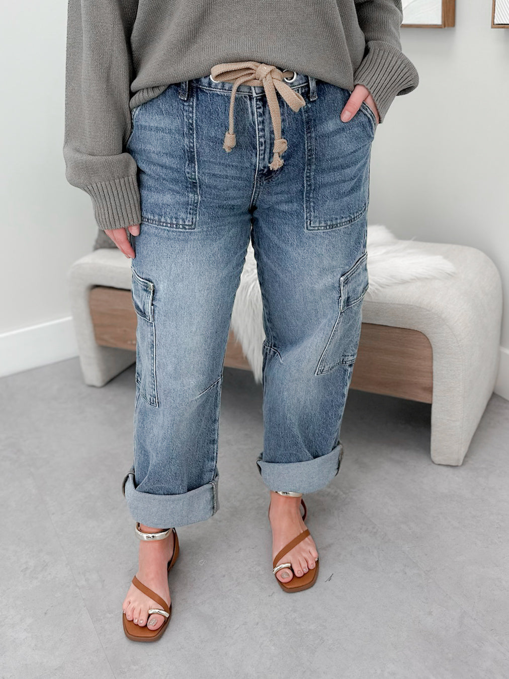 Tie Belt Baggy Cargo Jeans by Kancan