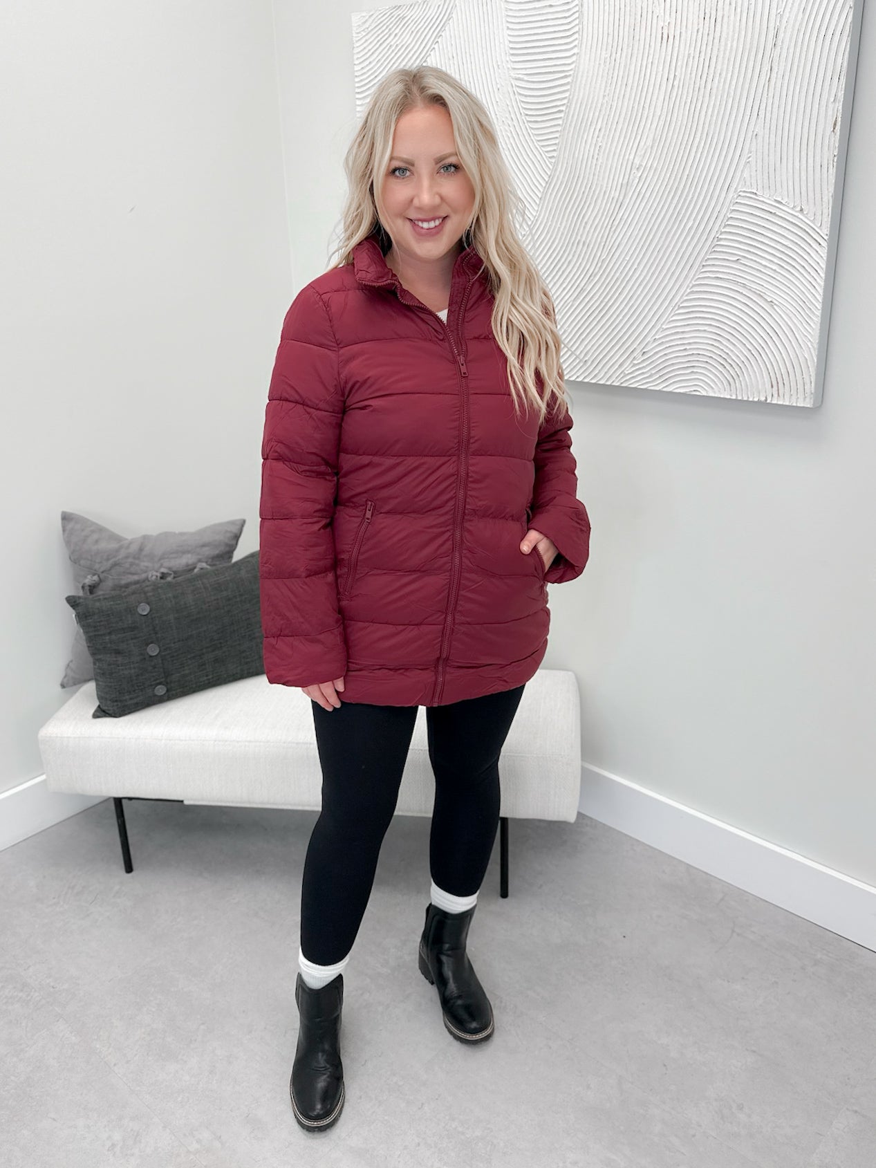 Lightweight Puffer Coat in Burgandy
