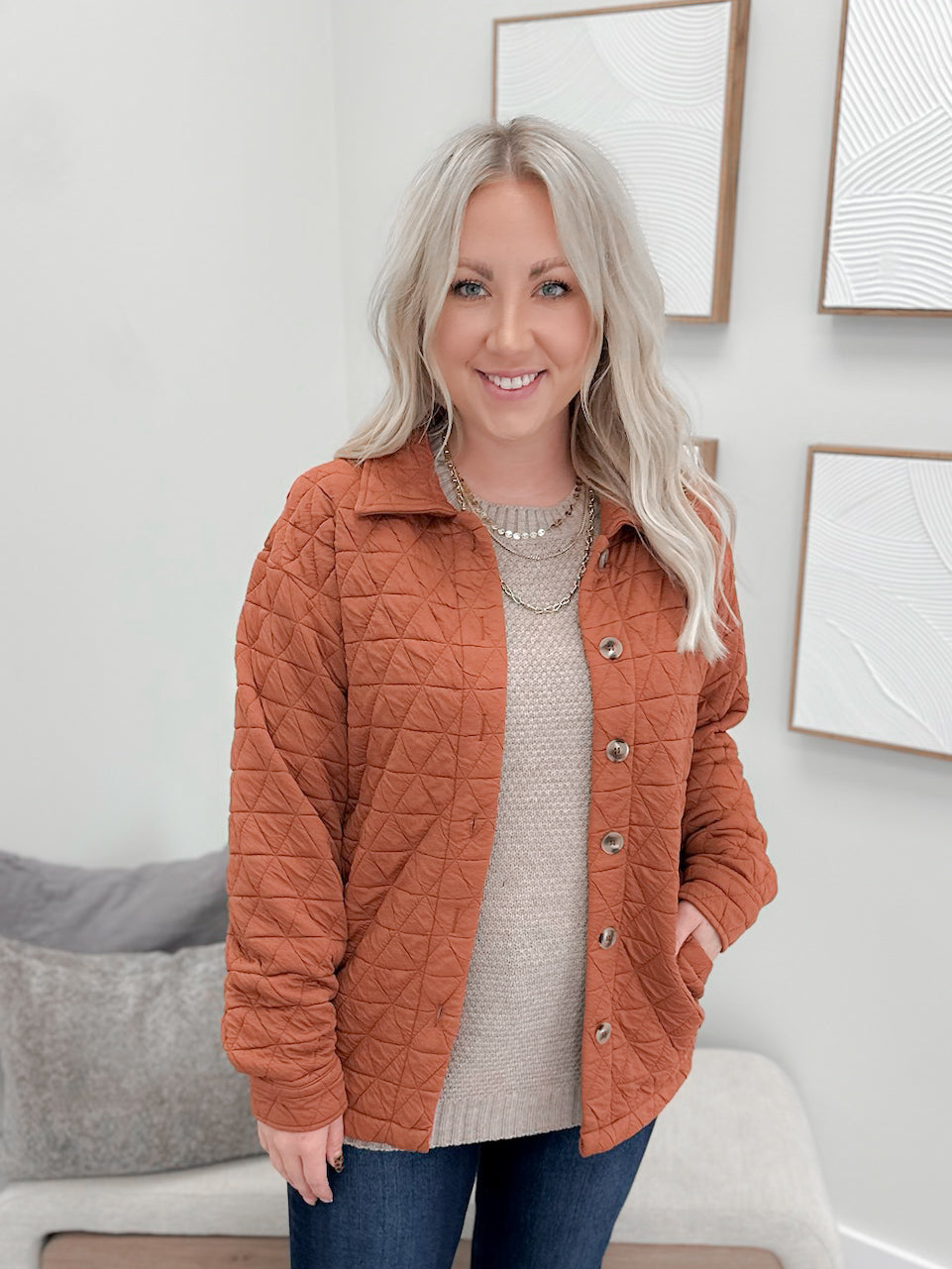 Geometric Button Down Jacket in Rust