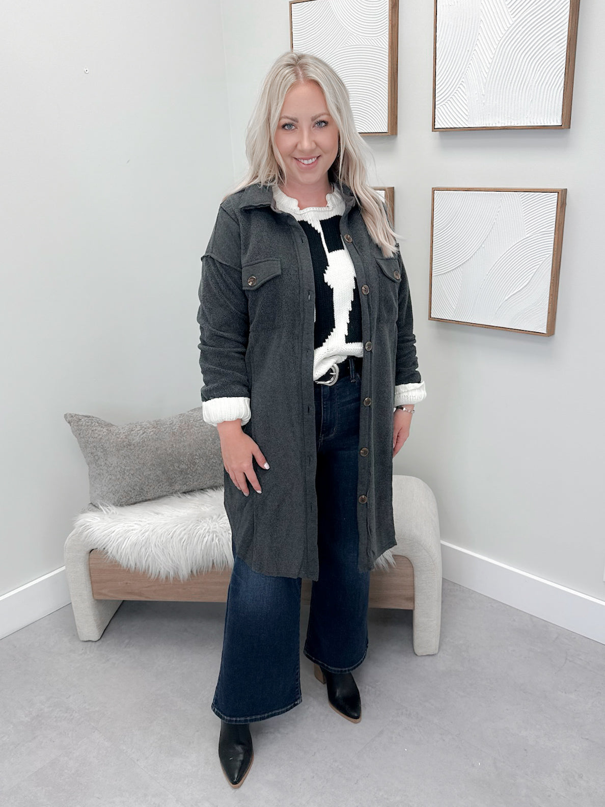 Stella Button Down Shacket in Charcoal