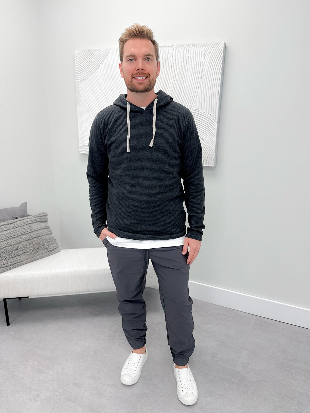 Carson Mens Ribbed Hoodie in Charcoal