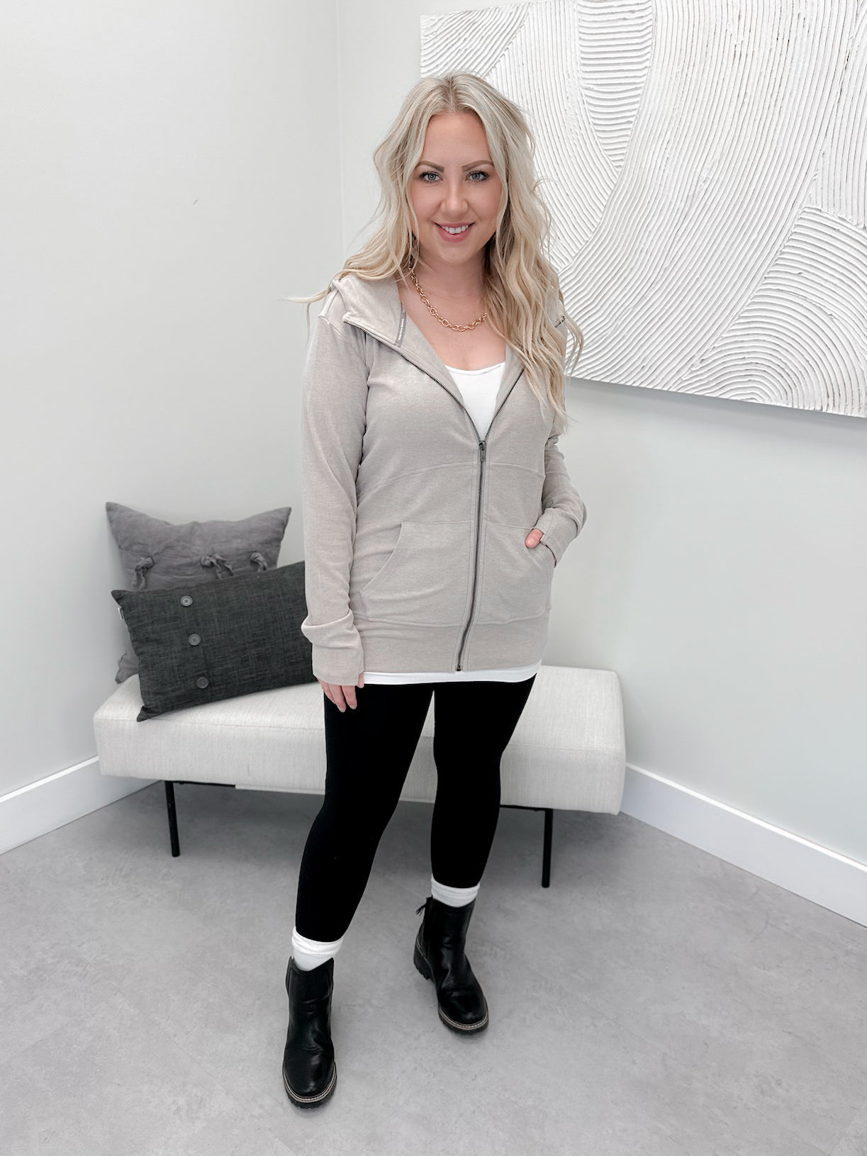 Performance Fleece Fullzip Sweatshirt in Silversand by Ampersand Avenue