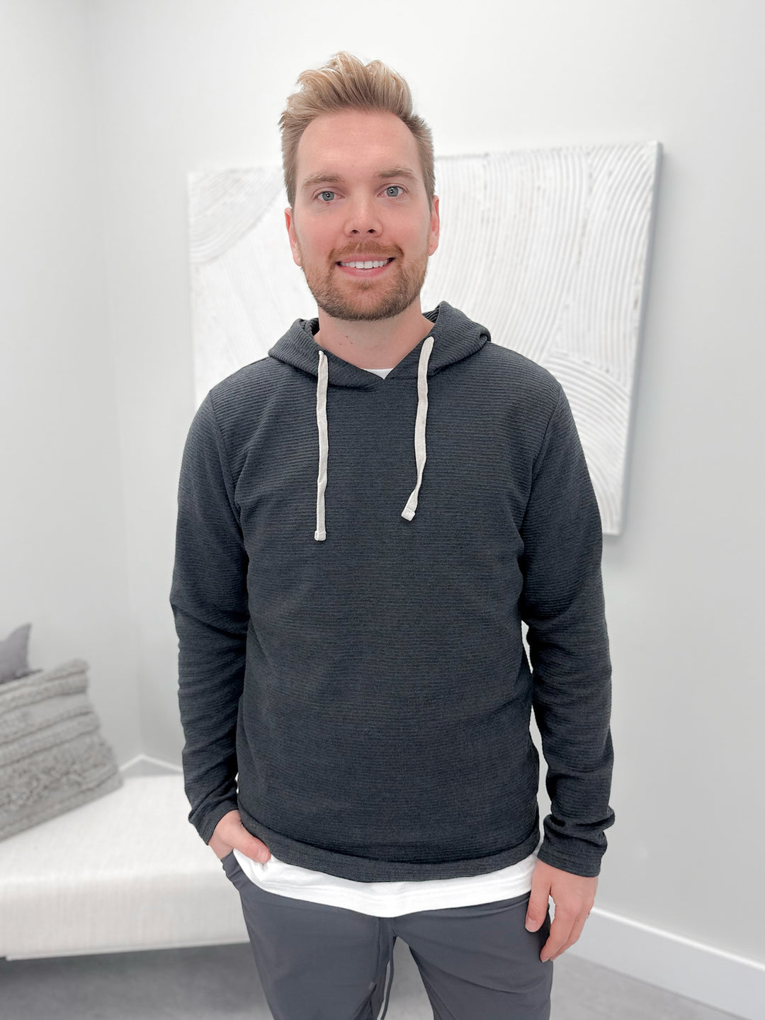 Carson Mens Ribbed Hoodie in Charcoal