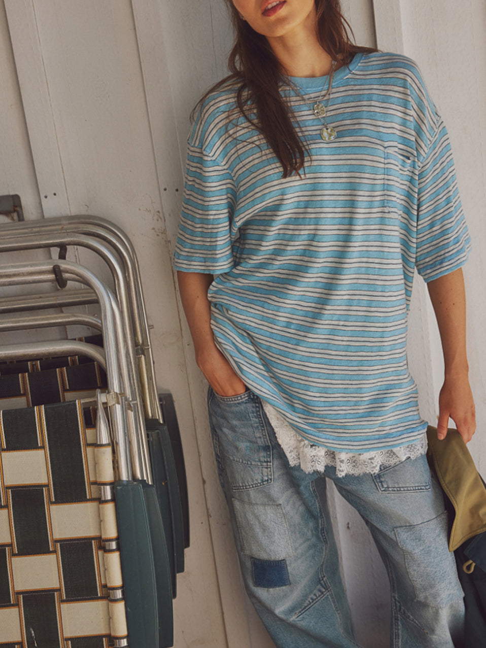 All Love Striped Pocket Tee in Blissful Blue Combo by Free People