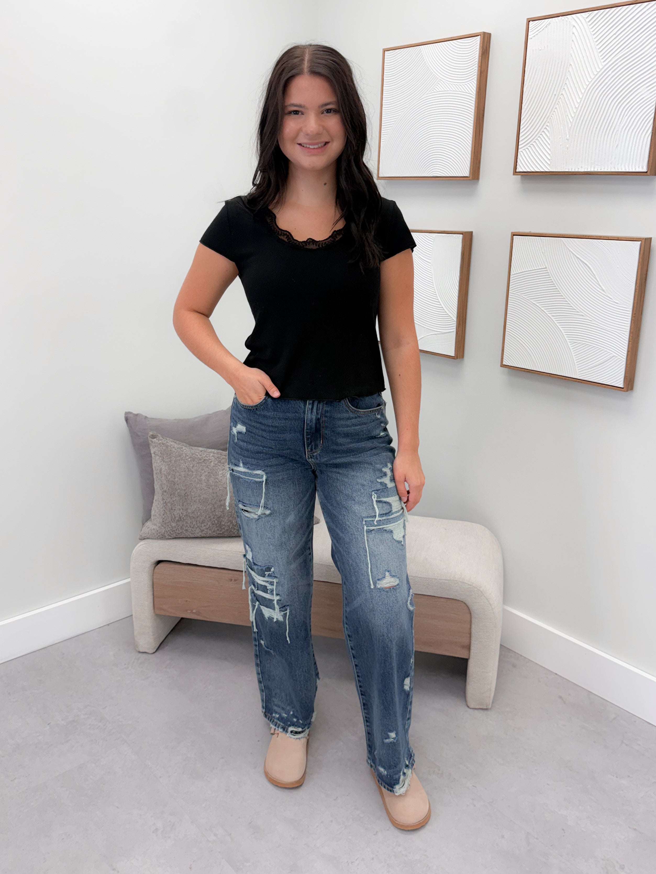 Lanna Lace Trim Tee in Black