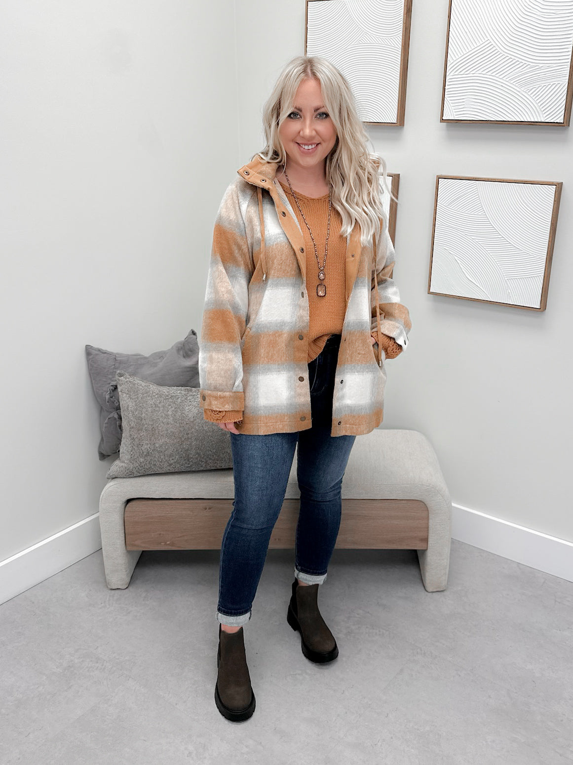 Lowen Hooded Shacket in Camel