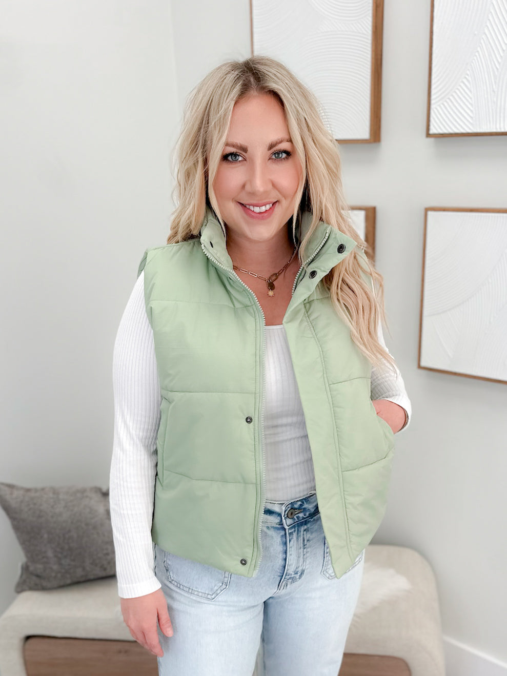 Petal Puffer Vest in Sage