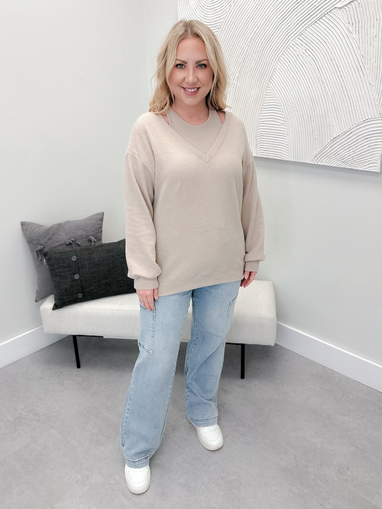 Peekaboo Textured Long Sleeve in Taupe