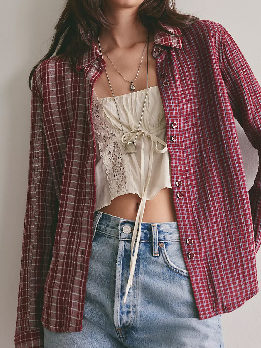 Benny Slim Plaid Button Down in Red Rust by Free People