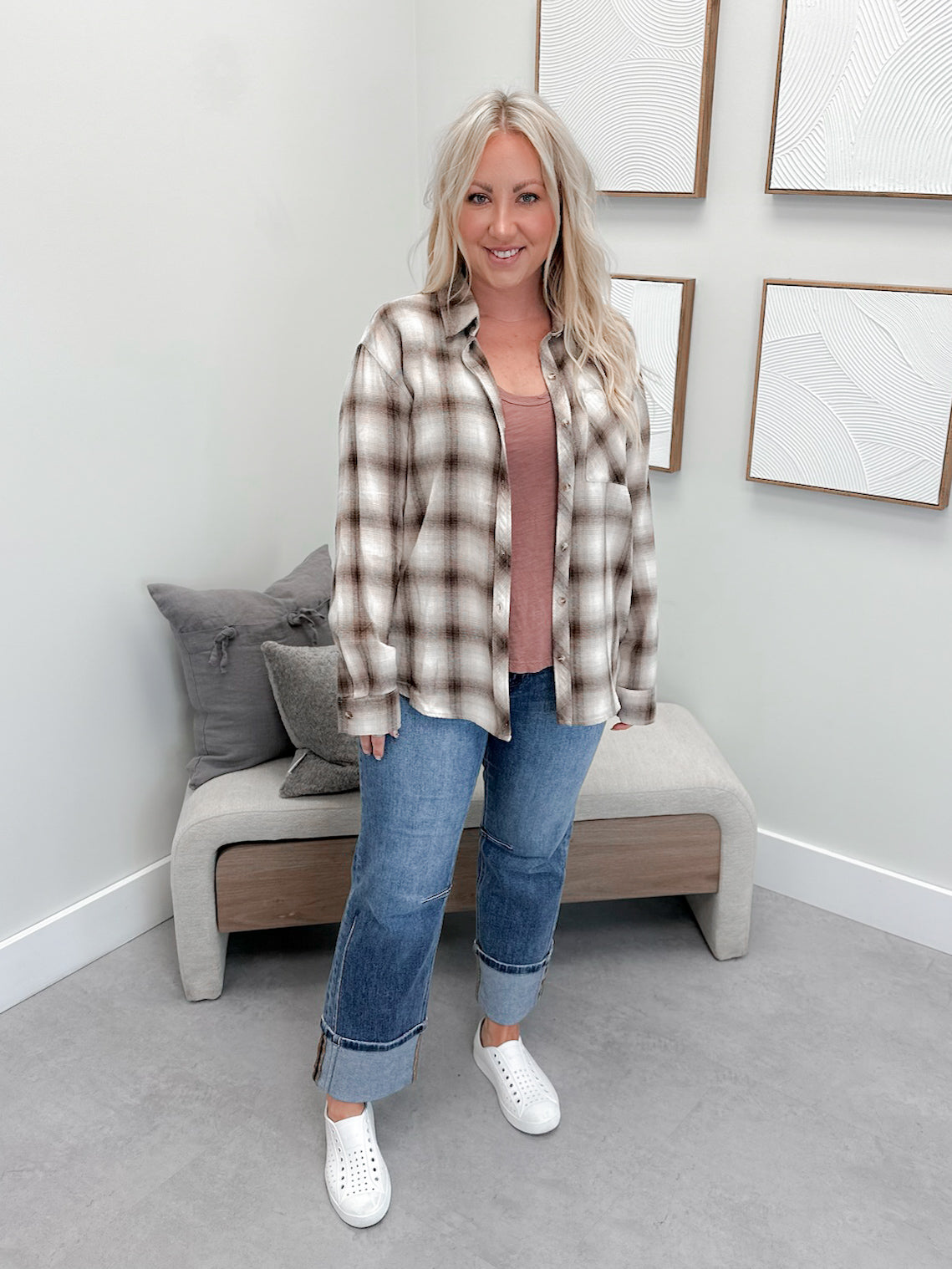 Fay Plaid Button Up in Brown