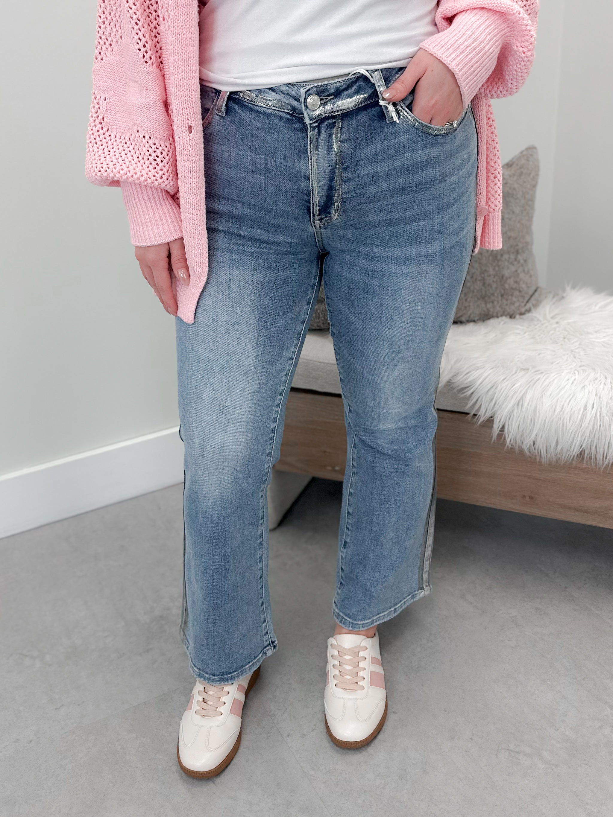 Silver Foil Kick Flare Jeans by Judy Blue