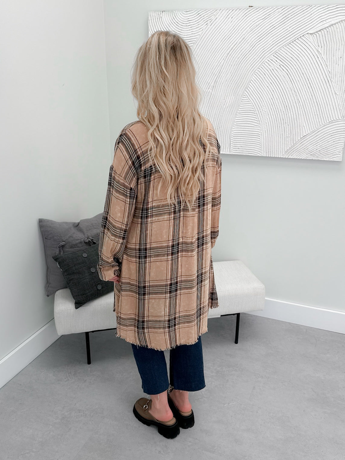Lacey Plaid Long Button Down in Latte - Small