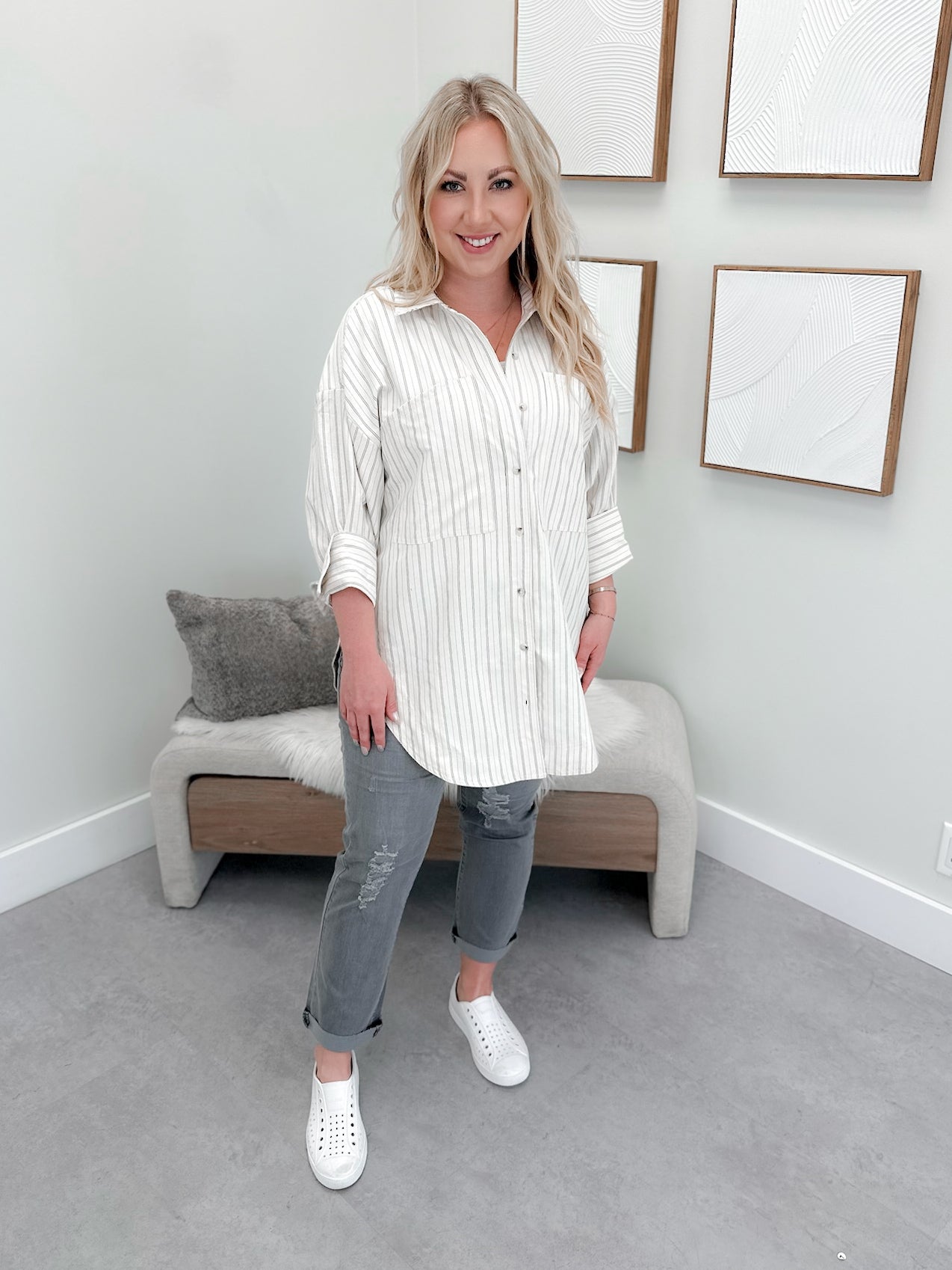 Wesley Shacket in Pinstripe Ivory