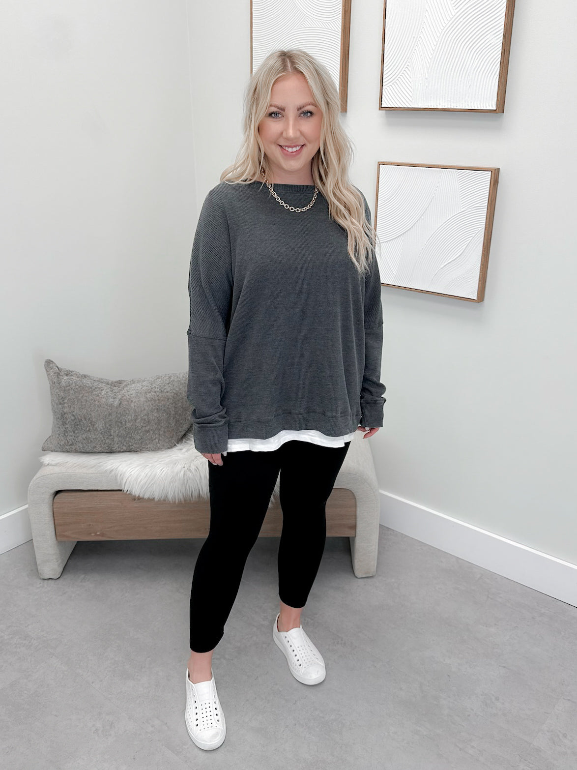 Sadie Waffle Knit Top in Washed Black