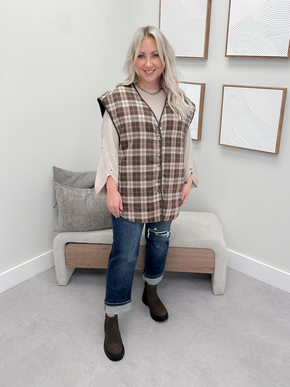 Frankel Reversible Vest in Brown Plaid/Chocolate