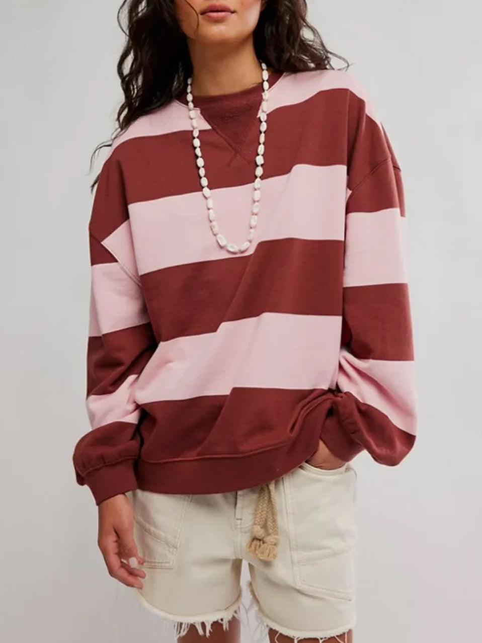Classic Striped Oversized Crew in Strawberry Wine Combo by Free People