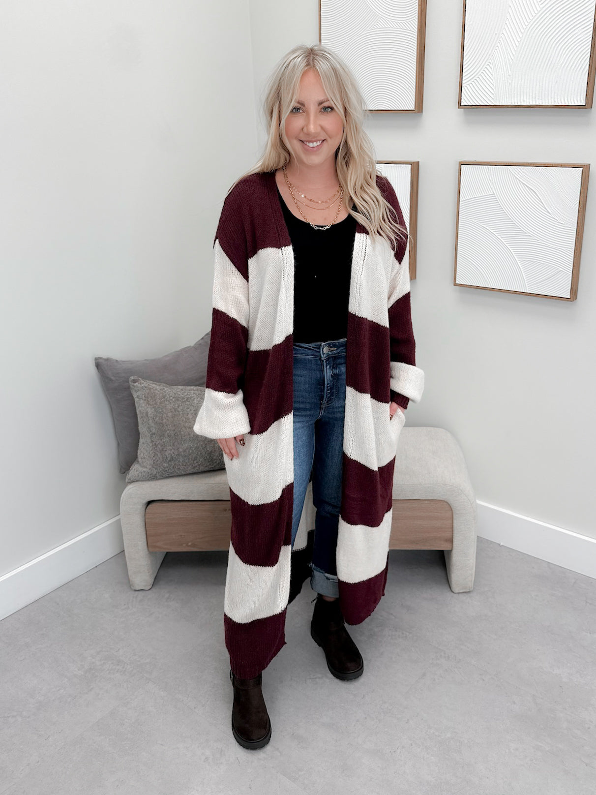 Koda Striped Long Cardi in Burgundy