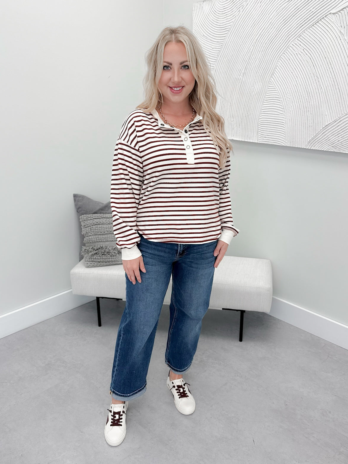 Nadine Striped Long Sleeve in Burgundy - Small