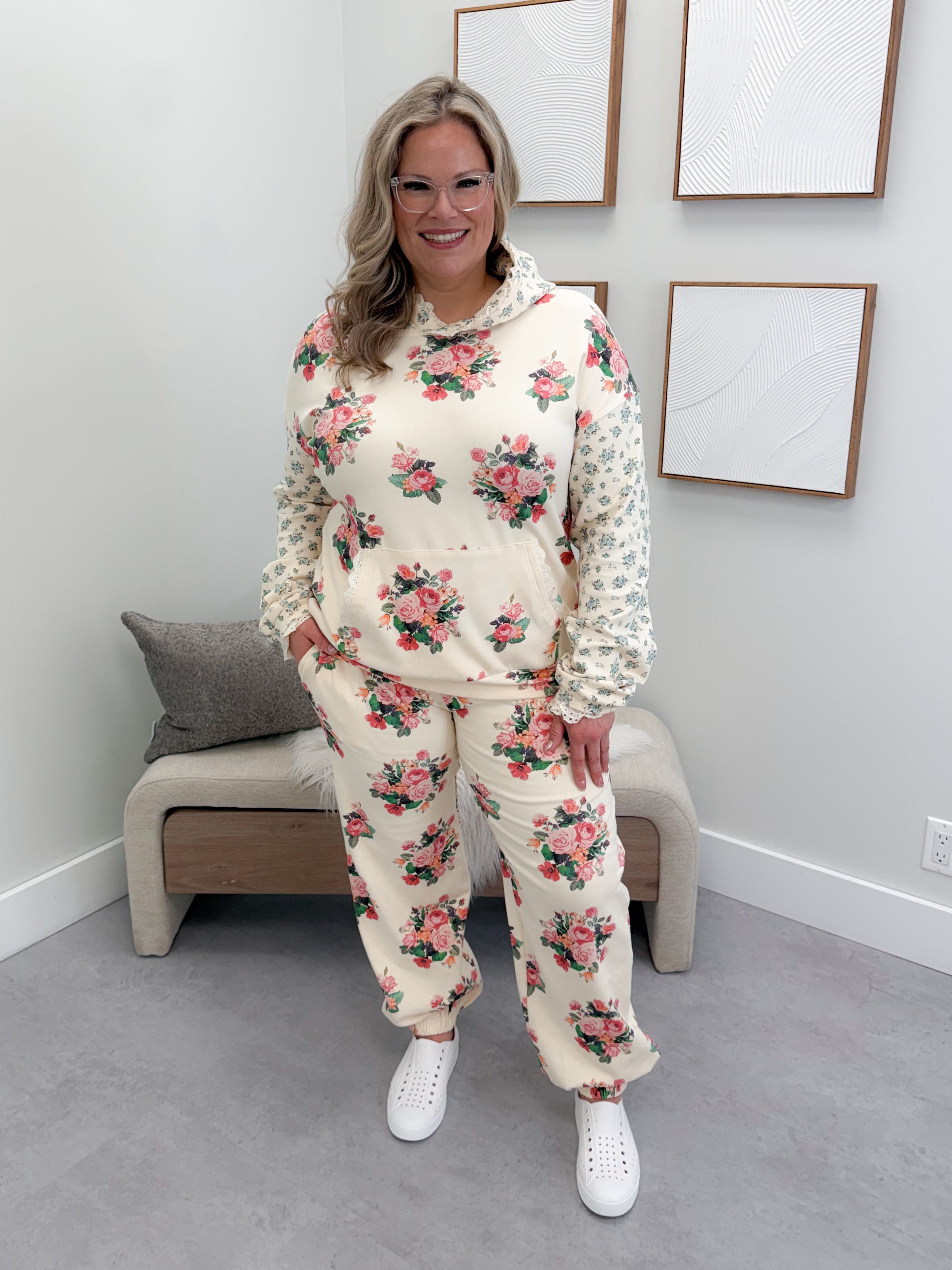 Lace Pocket Joggers in Golden Hour Garden by Ampersand Avenue