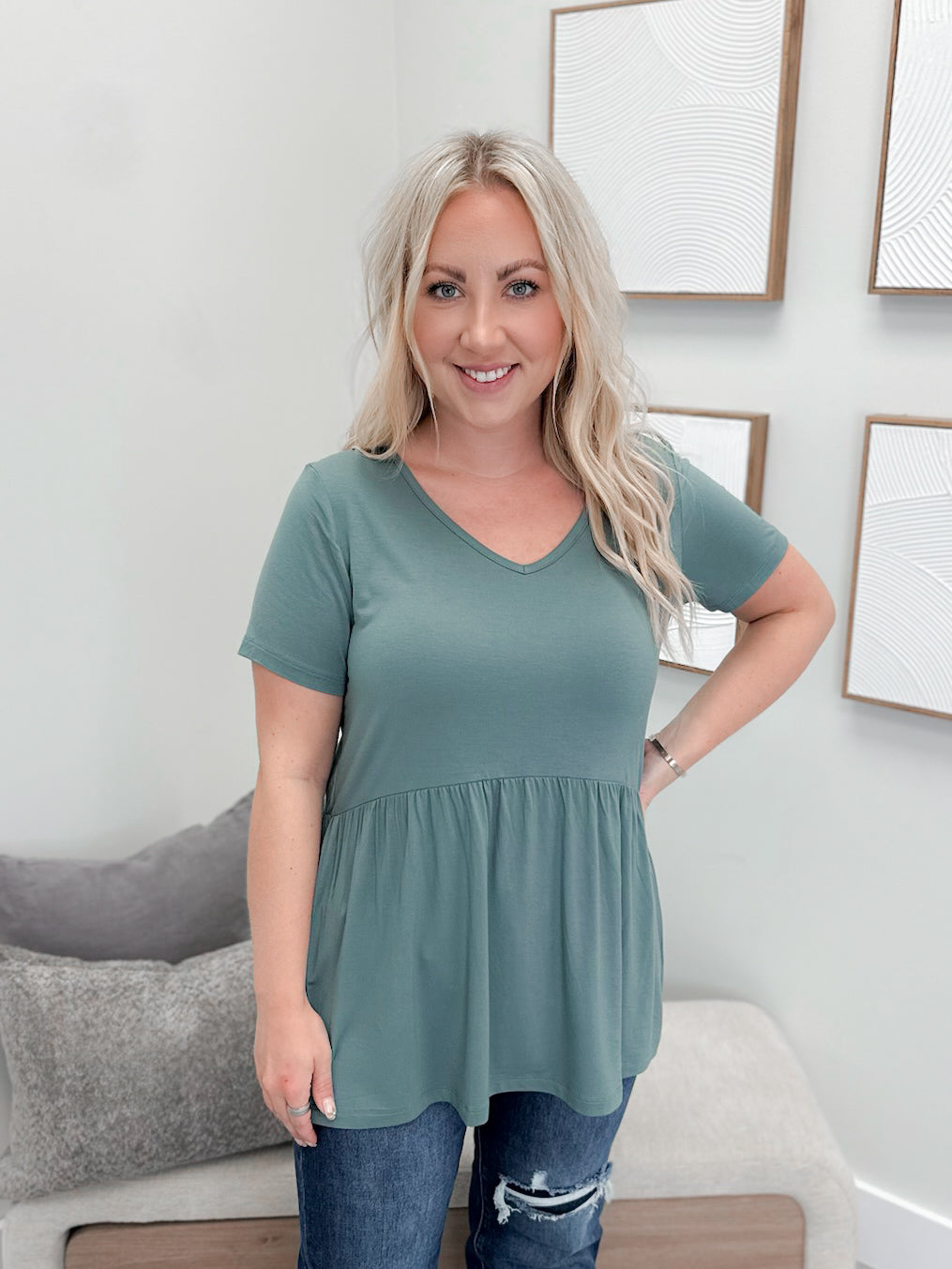 Sarah Ruffle Short Sleeve in Dusty Jade