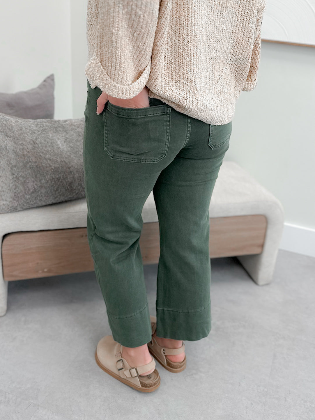 Zen Mid Rise Cropped Flare Denim in Olive