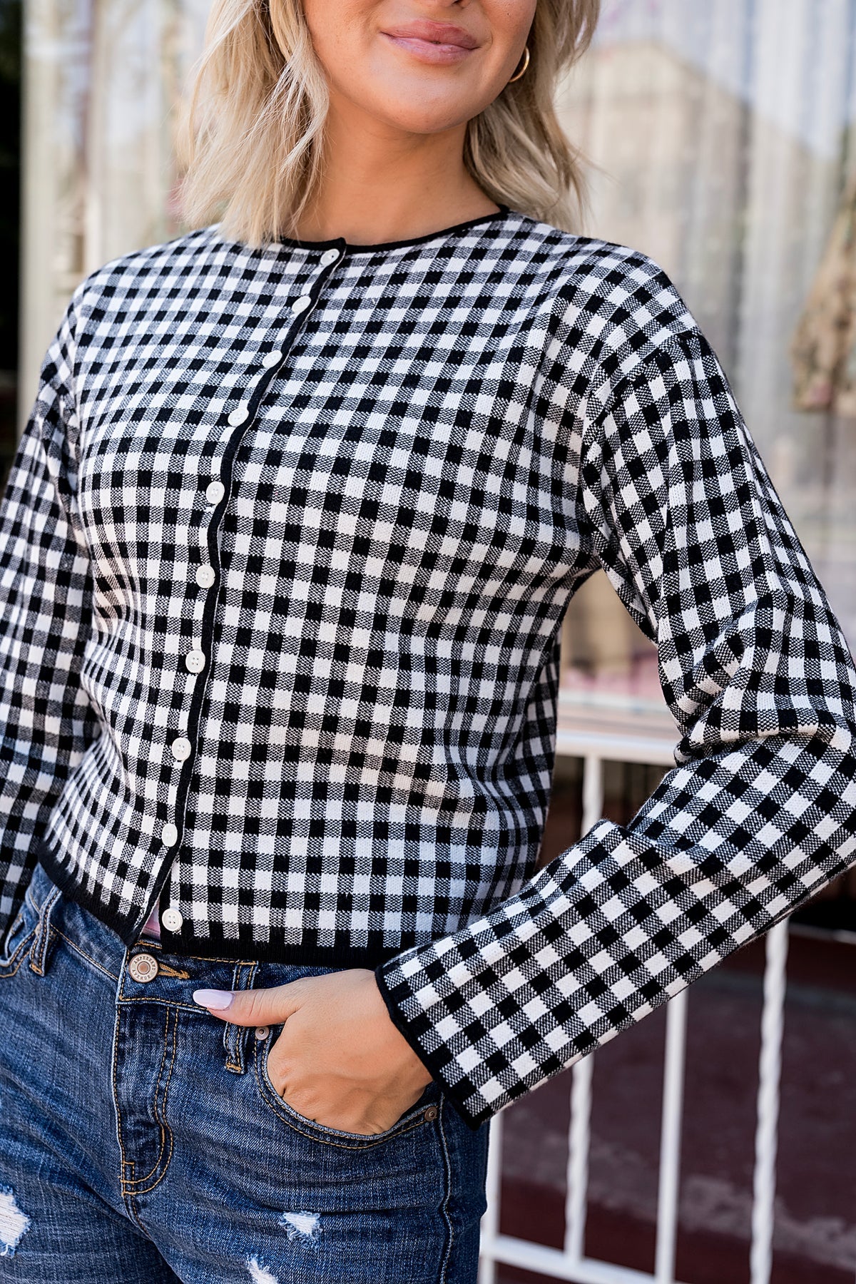 Gingham Cardigan in Black by Ampersand Avenue