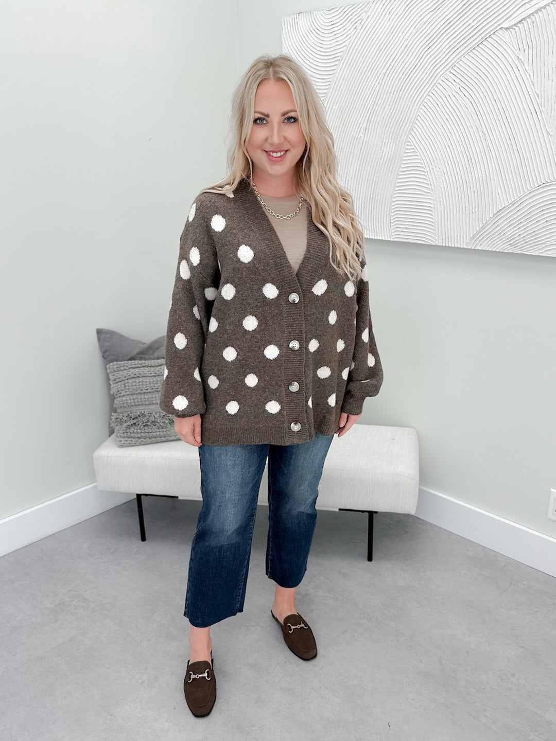 Stowe Polka Dot Cardigan in Dark Mocha