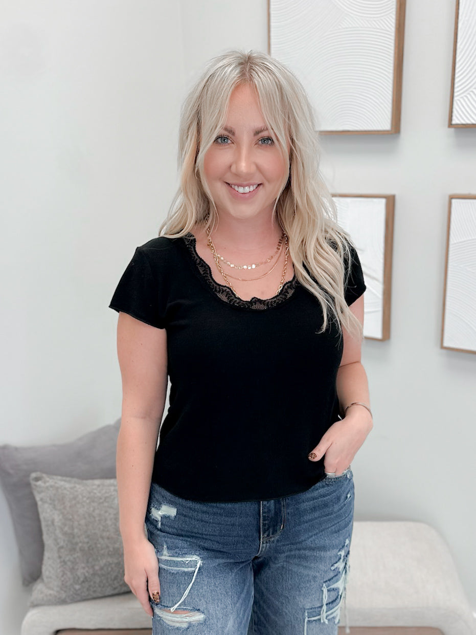 Lanna Lace Trim Tee in Black