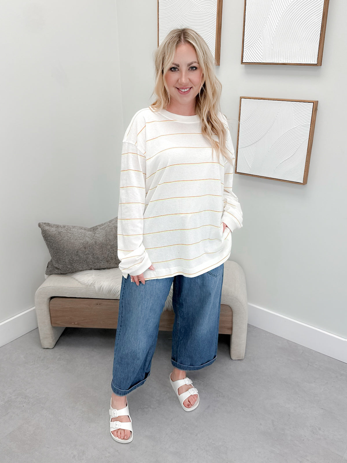 Printed Hustle Layer in Awning Stripe Ivory by Free People