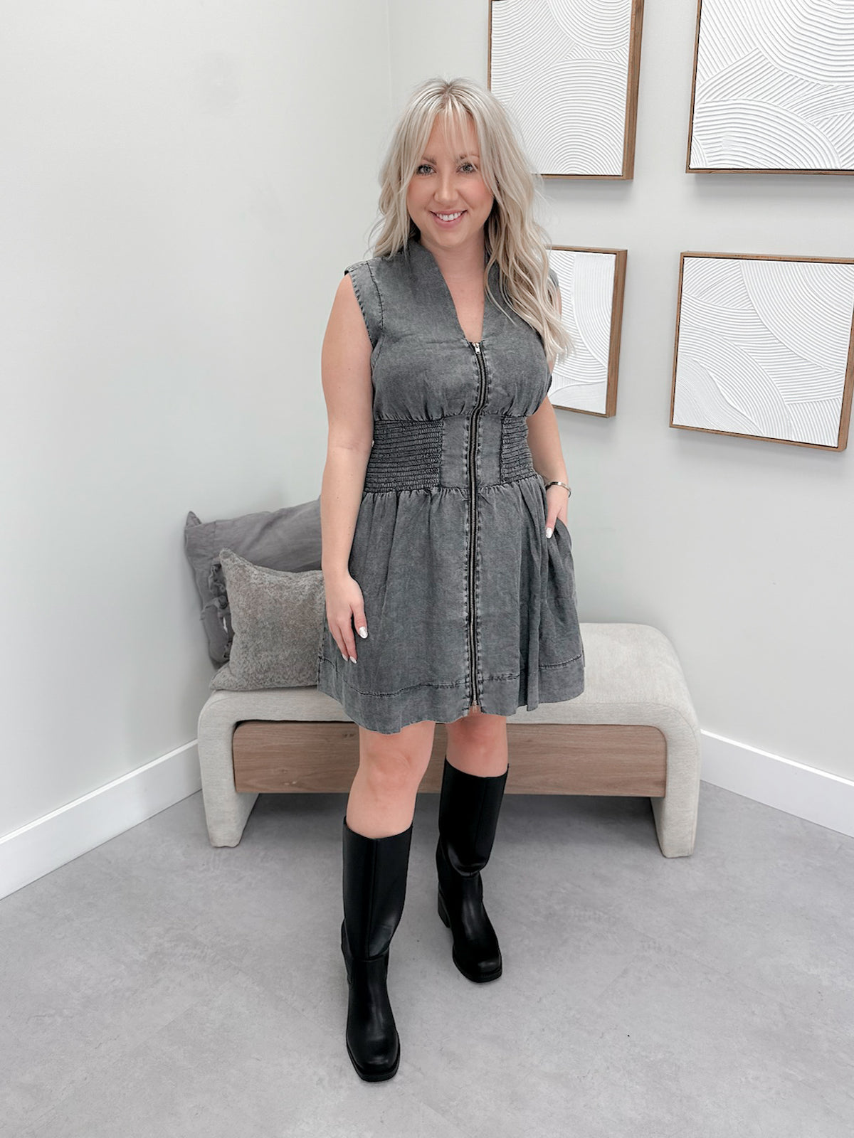 Trey Dress in Black Denim Wash