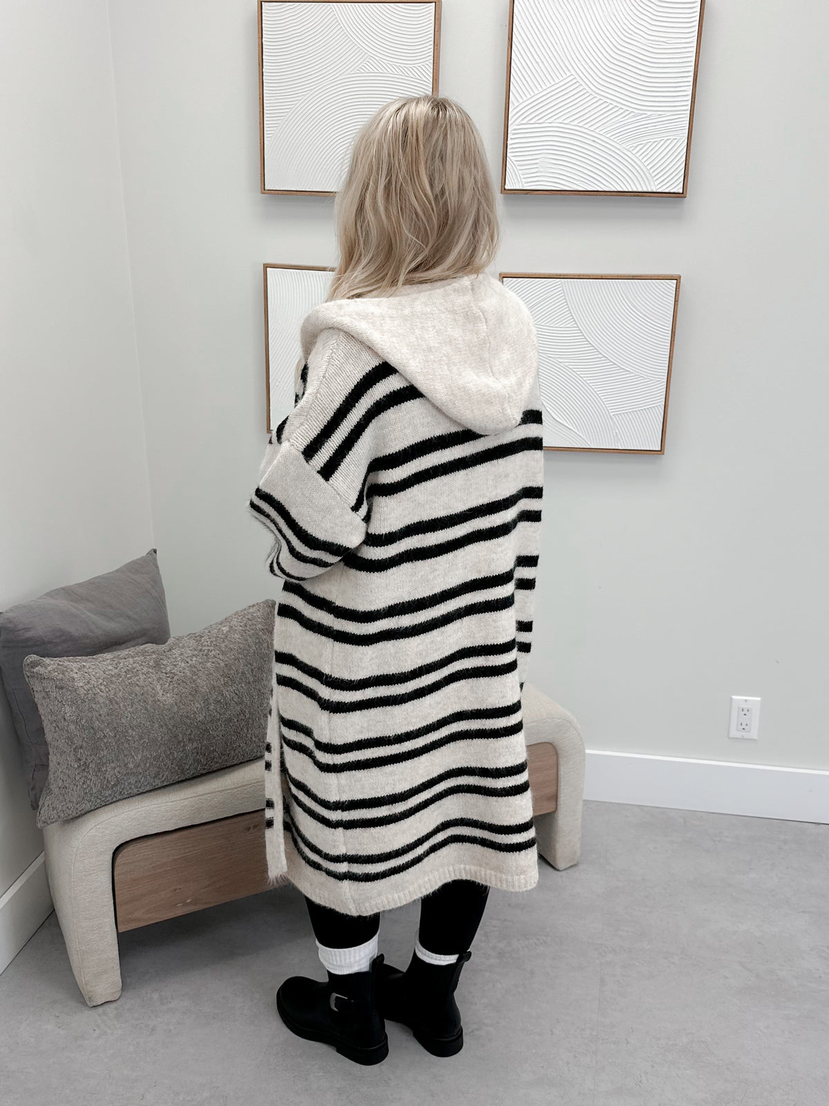 Cozy Up Striped Hooded Cardigan in Ivory/Black by Pol