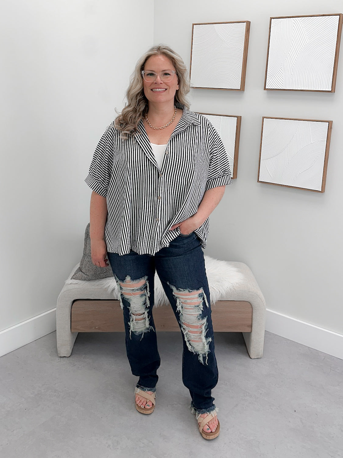 Domino Button Up Top in Black Stripe