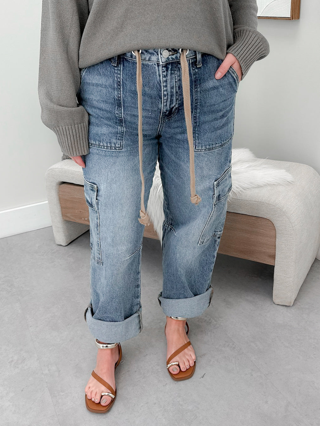 Tie Belt Baggy Cargo Jeans by Kancan