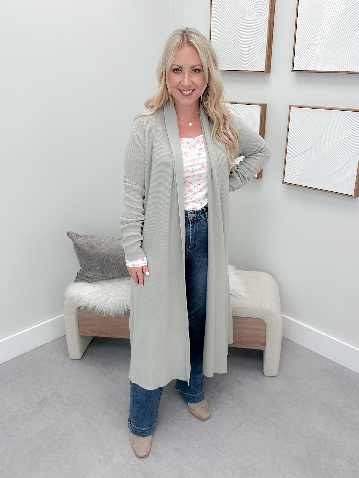 Cora Waffle Longline Cardigan in Sage