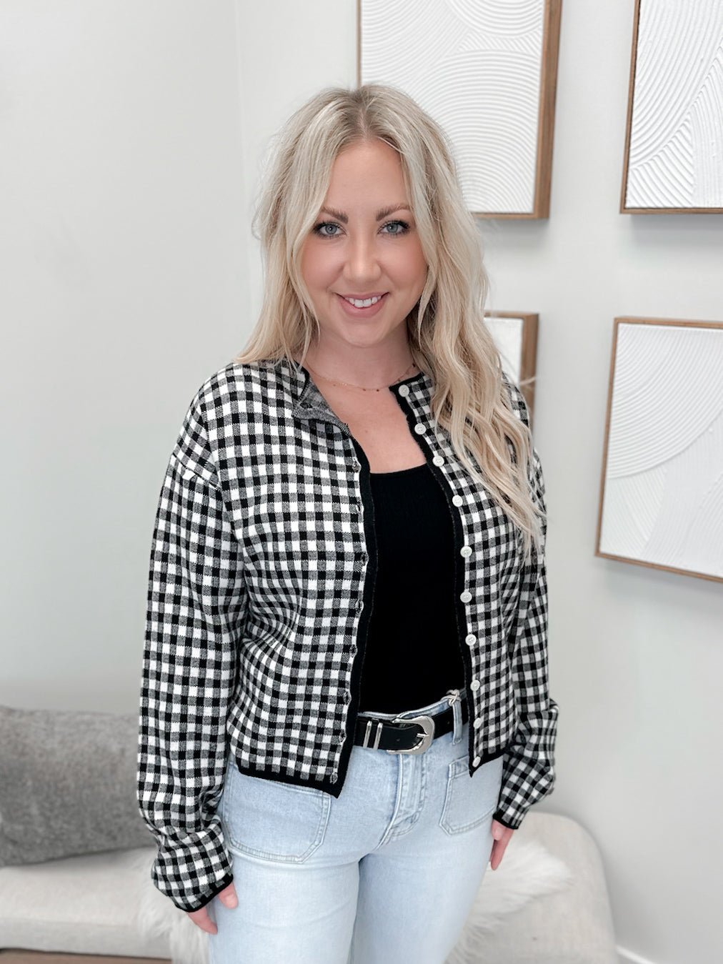 Gingham Cardigan in Black by Ampersand Avenue