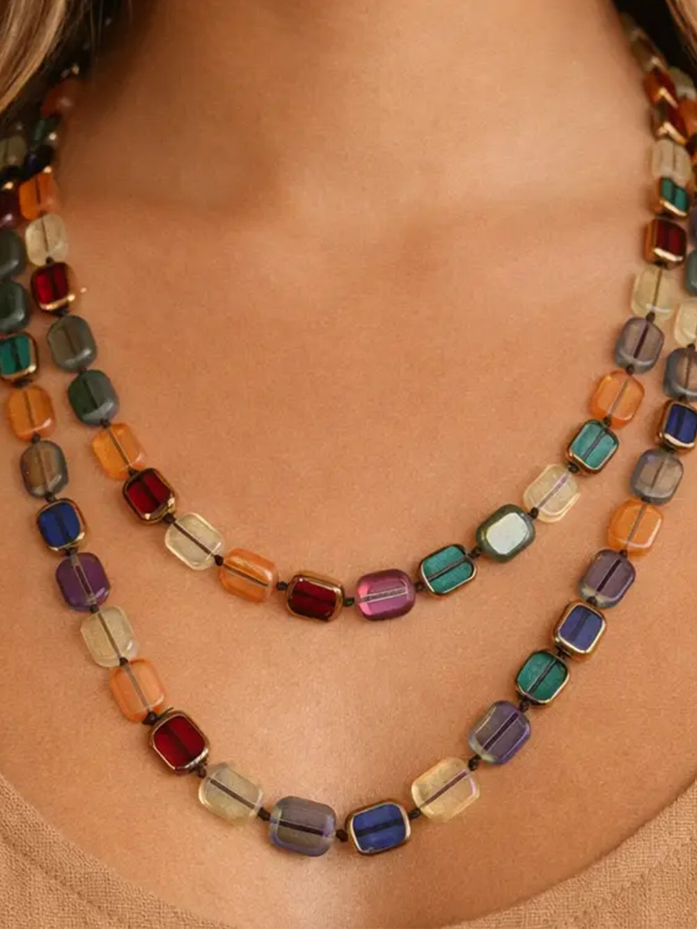 Long Colourful Square Glass Crystal Necklace