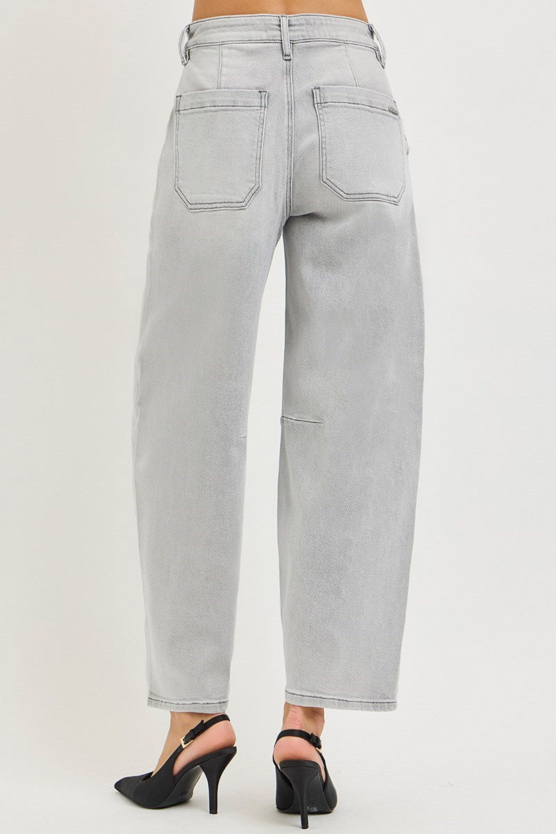 Dobbs Cropped High Rise Barrel Jeans in Light Grey by Risen