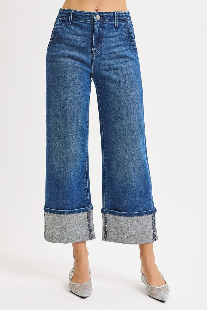 Bronte Cropped Rhinestone Cuff Jeans by Risen