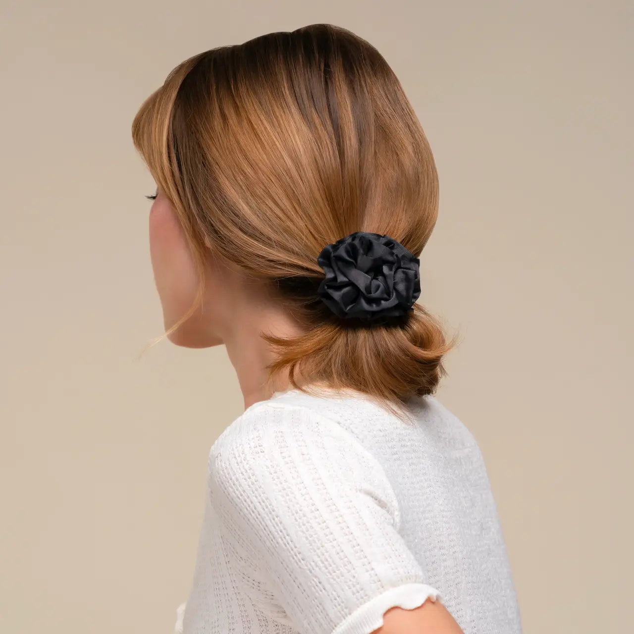 Rosette Rouched Satin Scrunchies in Black by Kitsch
