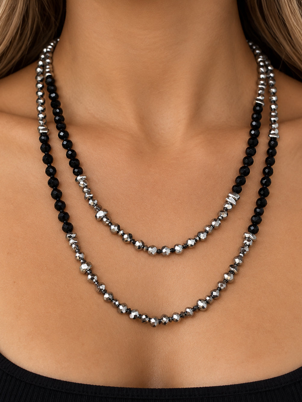 Black and Silver Crystal Beaded Long Necklace