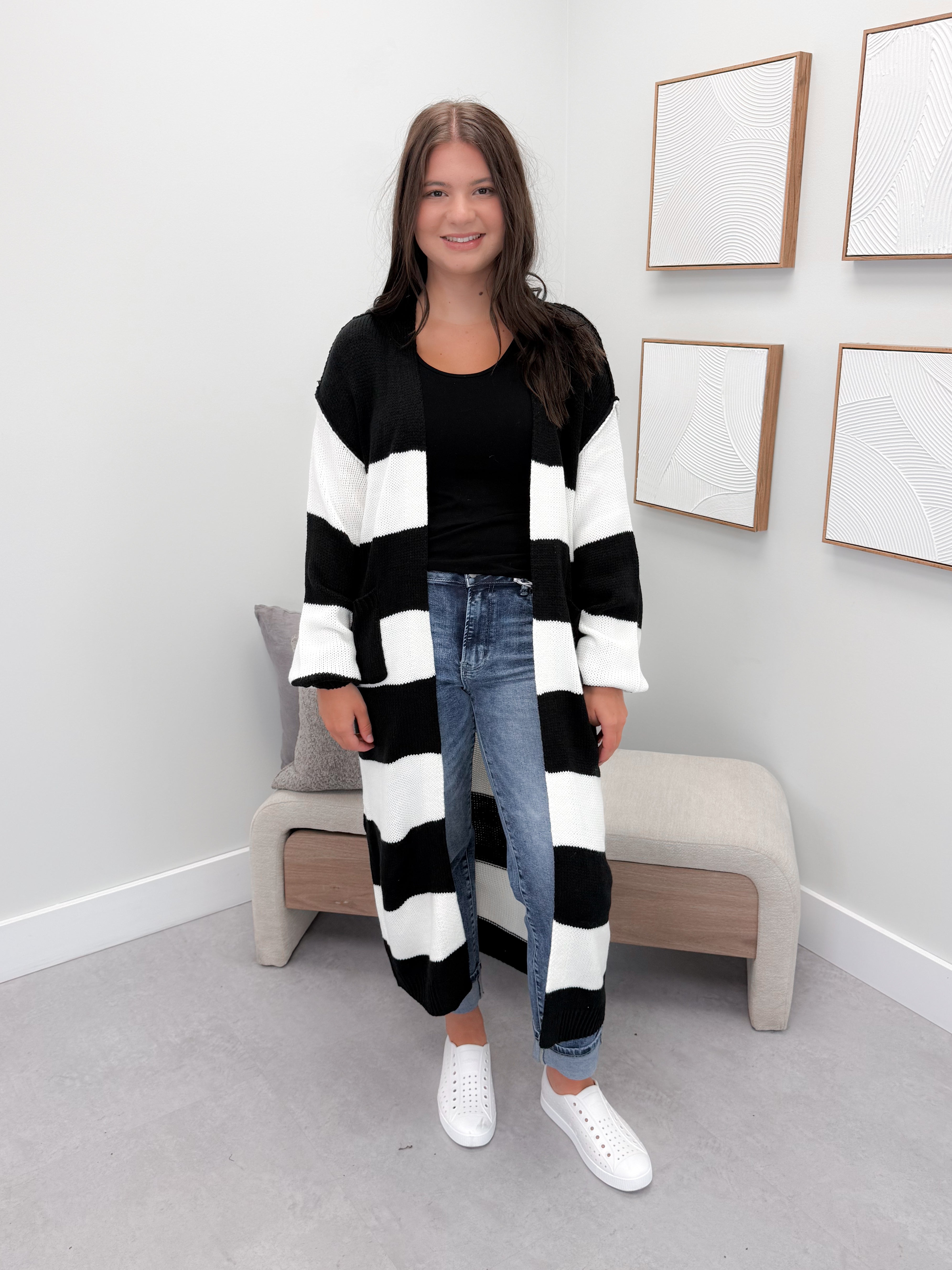 Dinah Striped Long Cardigan in Black