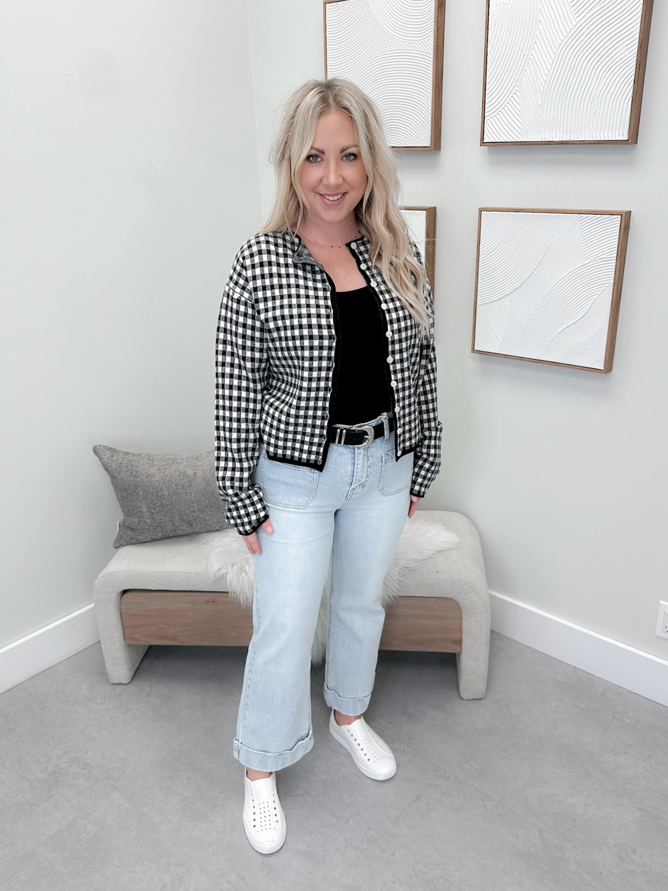 Gingham Cardigan in Black by Ampersand Avenue