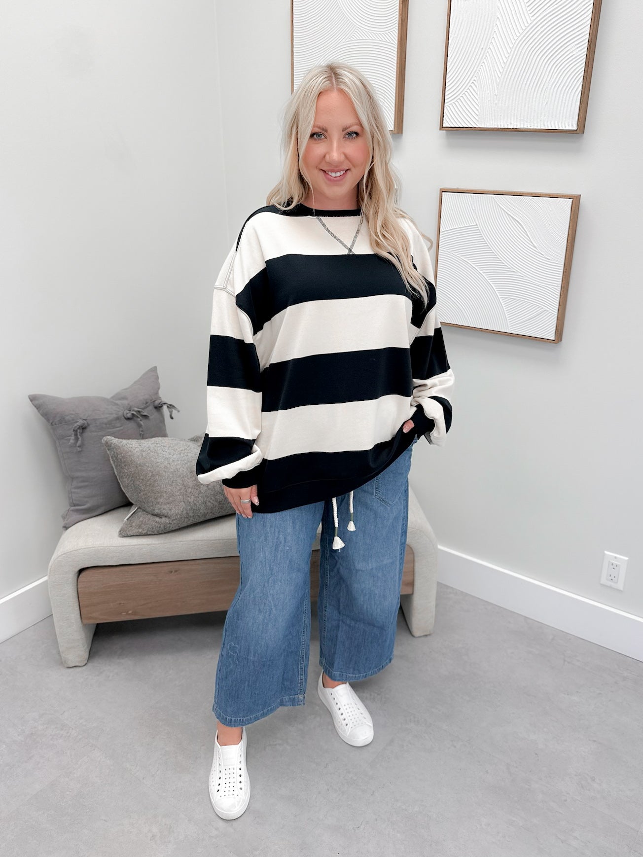 Classic Striped Oversized Crew in Black Combo by Free People