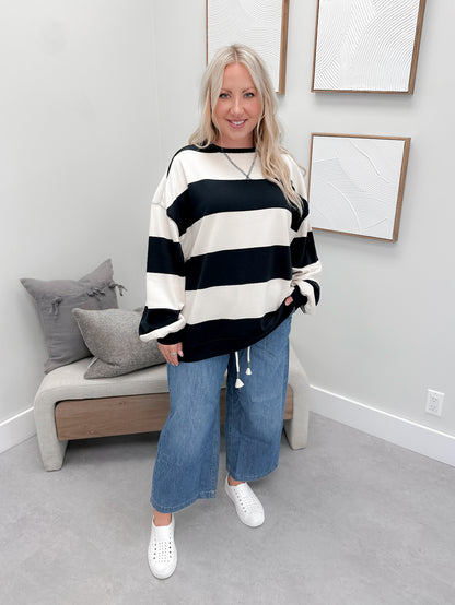 Classic Striped Oversized Crew in Black Combo by Free People