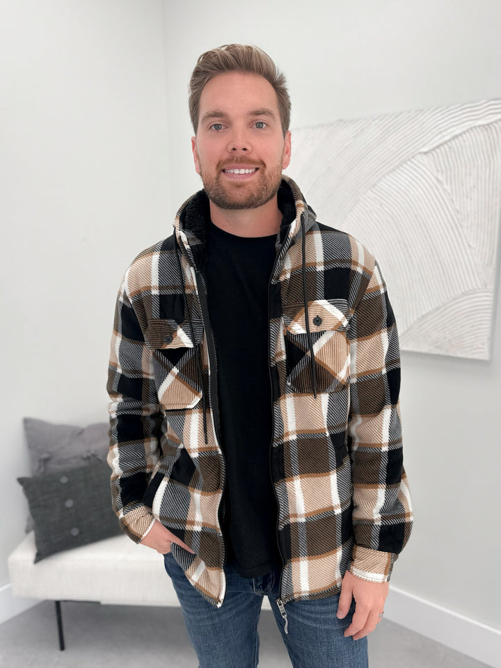 Mens Levan Fleece Hoodie in Black Plaid