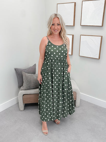 Audrey 2 Piece Dress in Olive Polka Dot