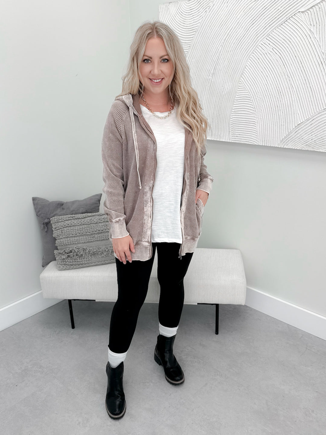 Juno Waffle Full Zip Hoodie in Deep Taupe