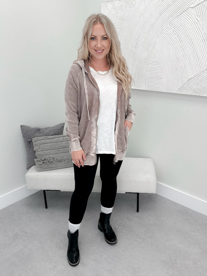 Juno Waffle Full Zip Hoodie in Deep Taupe