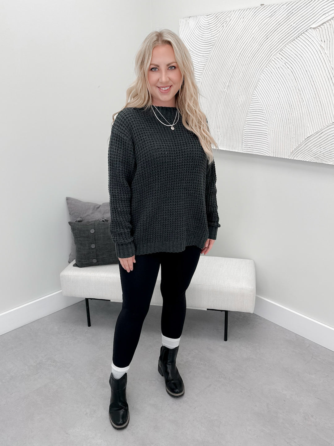 Irene Waffle Sweater in Charcoal